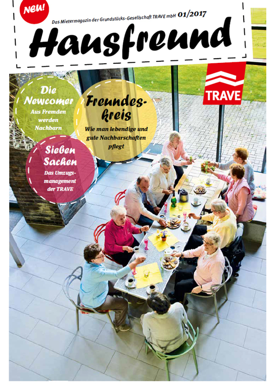 Titelseite Mietermagazin Hausfreund Ausgabe 1 im Jahr 2017. Die erste Ausgabe des Mietermagazins der TRAVE.