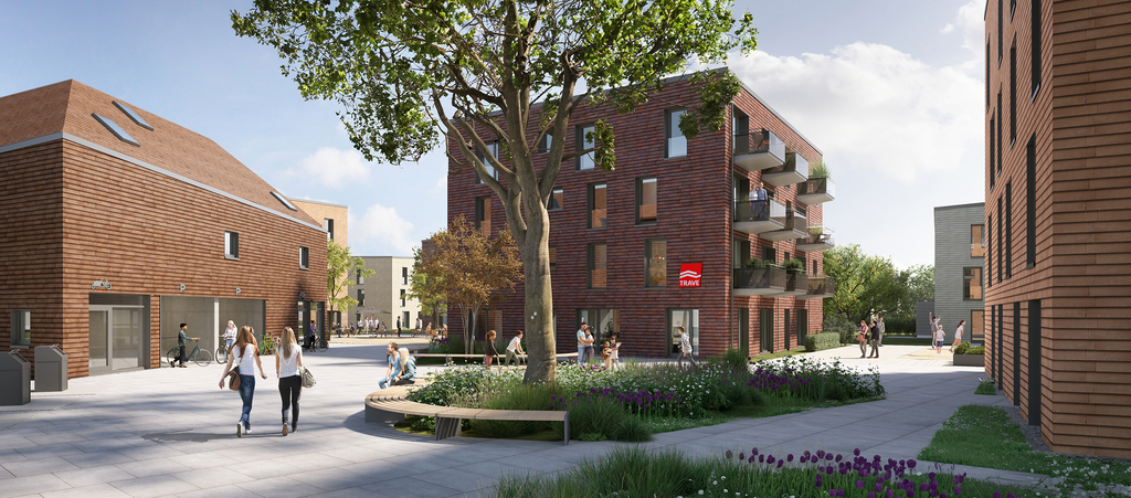 Die TRAVE baut So soll das neue Quartier einmal aussehen: Es gibt 14 neue Gebäude und das sogenannte Eingangsgebäude.