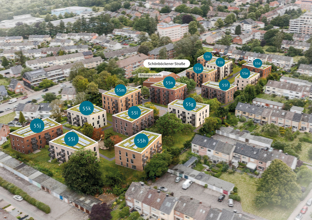 Die Musikerhöfe - eine Visualisierung des neue Quartier mit 14 Wohnhäusern, die mit den jeweiligen Hausnummern beschriftet sind.