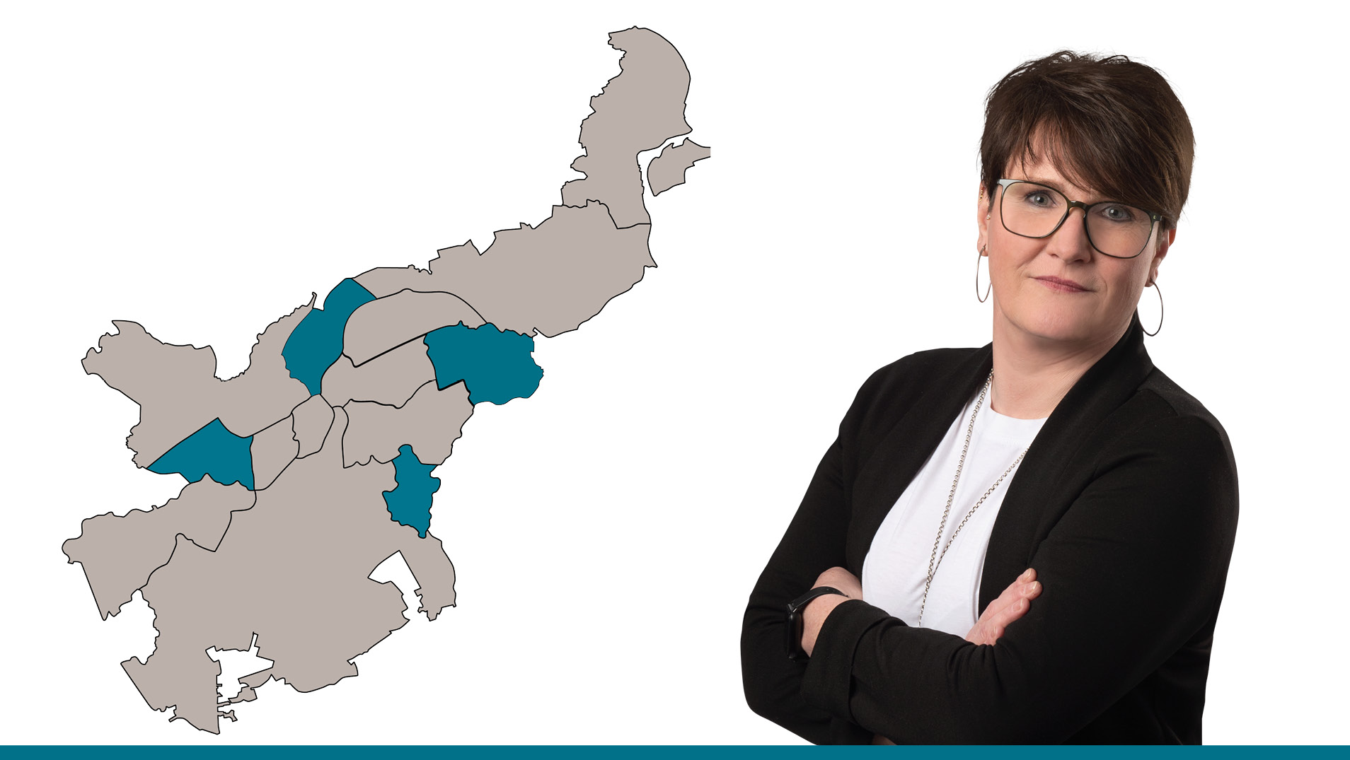 Die Ansprechpartnerin vor einer Lübeck-Karte, der Vermietungsbereich ist hervorgehoben. Die Ansprechpartnerin vor einer Lübeck-Karte, der Vermietungsbereich ist hervorgehoben.